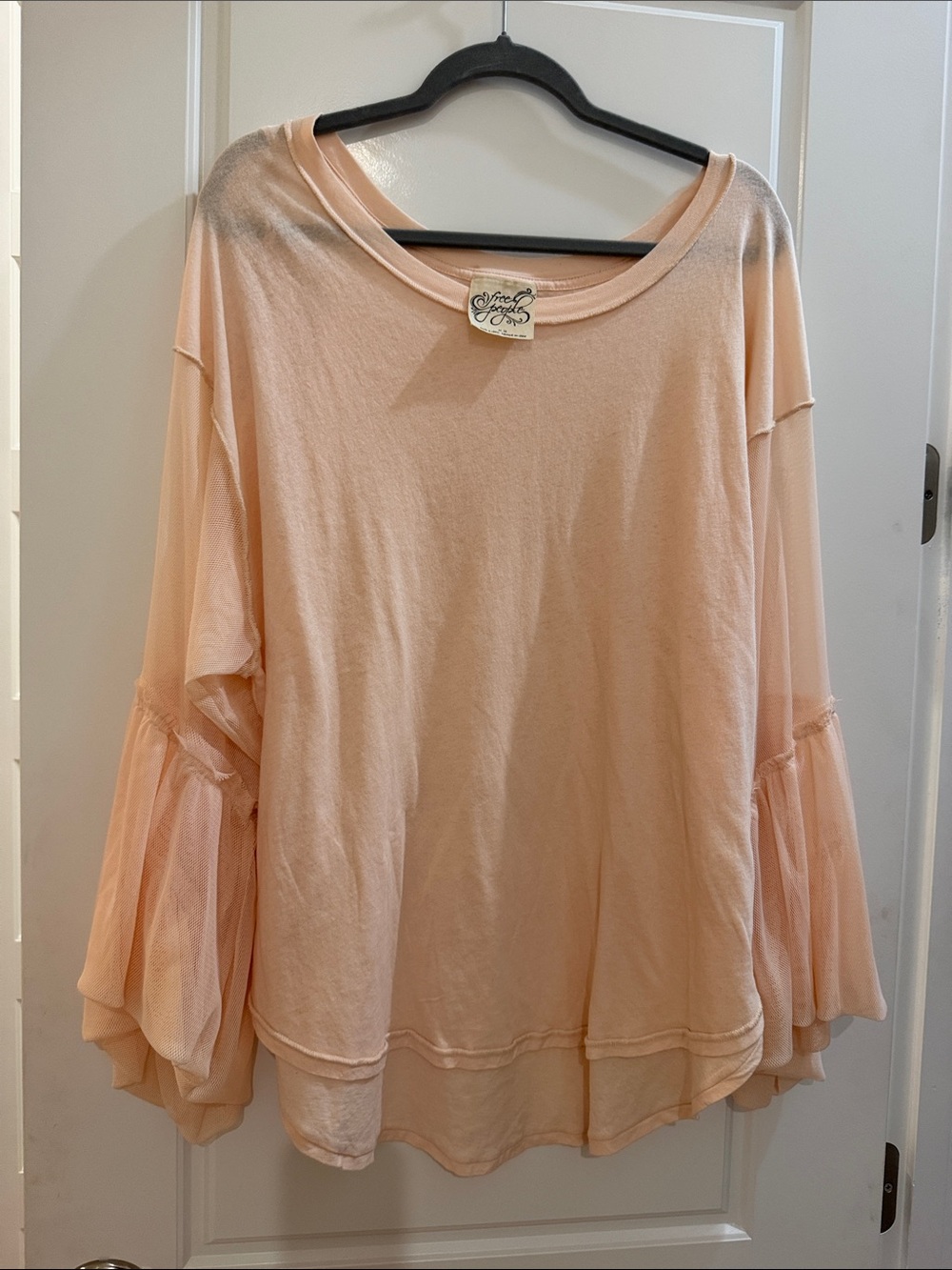 Free People Soft Peach Bell-Sleeve Long-Sleeve Top high -low hem